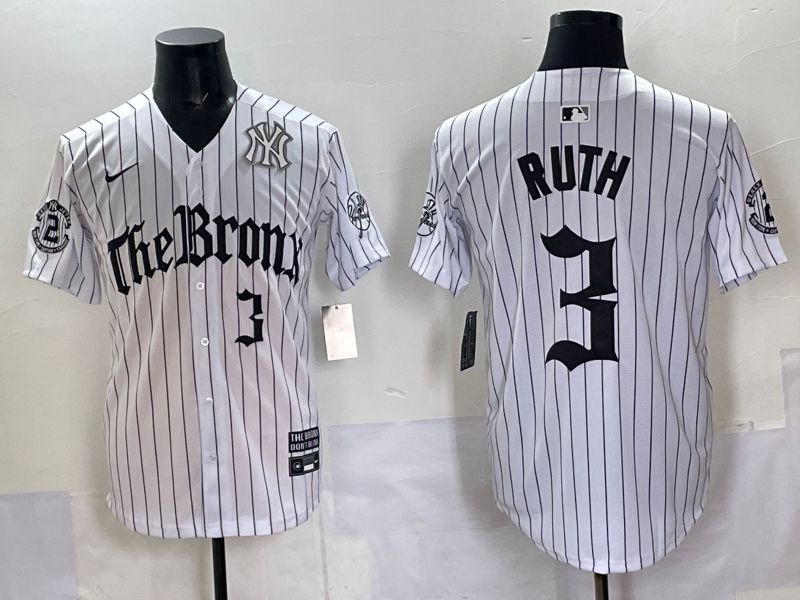 Men 2025 New York Yankees #3 Ruth White Stripe Five generations Joint Name Nike MLB Jersey style 05->new york yankees->MLB Jersey